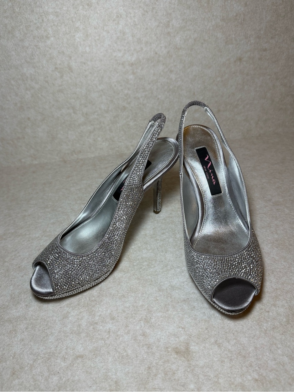 Nina New York Silver Sparkling Slingback Peep Toe High Heels Size US 6 1/2